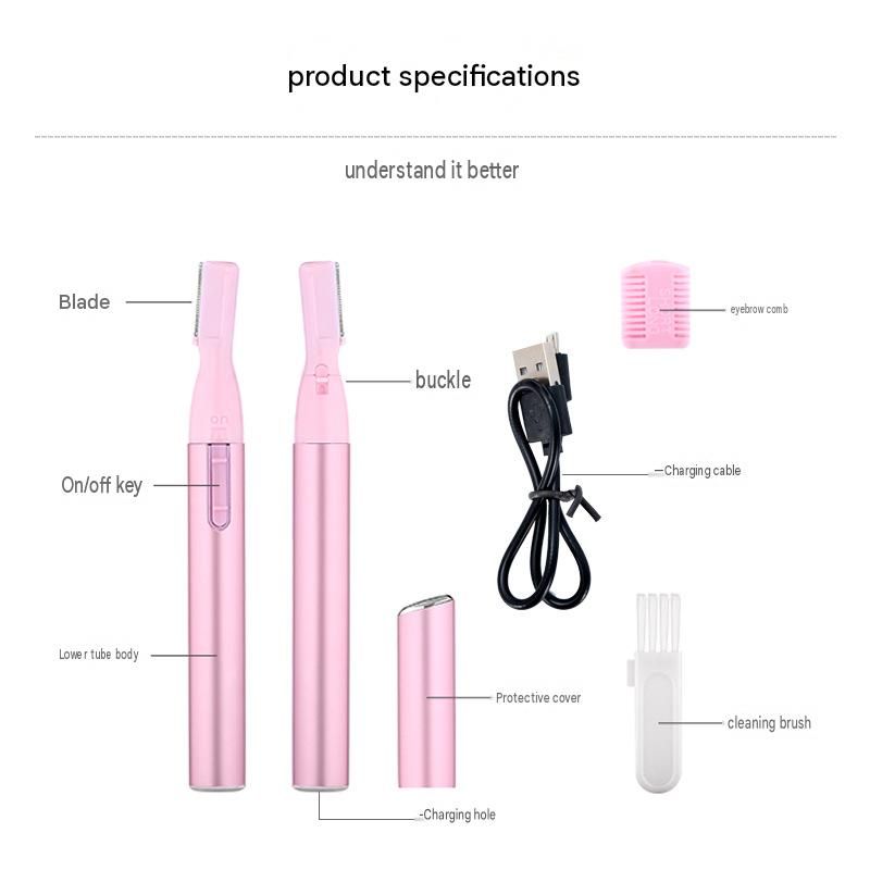 Pink Rechargeable Electric Eyebrow Trimmer - USB Charging, Stainless Steel Rounded Blade, Detachable Washable Head, 4mm/6mm Comb Guides, Portable Facial Hair Remover for Women