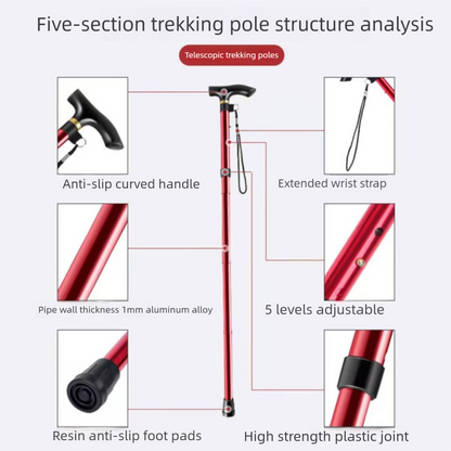 Folding Hiking Stick Brown - Adjustable Aluminum Telescopic Walking Cane, 5-Height Settings 82-95cm, Lightweight Portable Trekking Pole for Seniors and Outdoors
