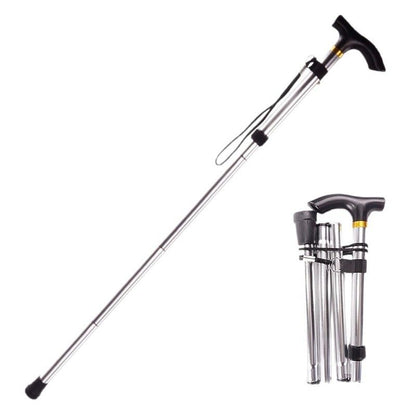 Folding Hiking Stick Silver - Adjustable Aluminum Telescopic Walking Cane, 5-Height Settings 82-95cm, Lightweight Portable Trekking Pole for Seniors and Outdoors