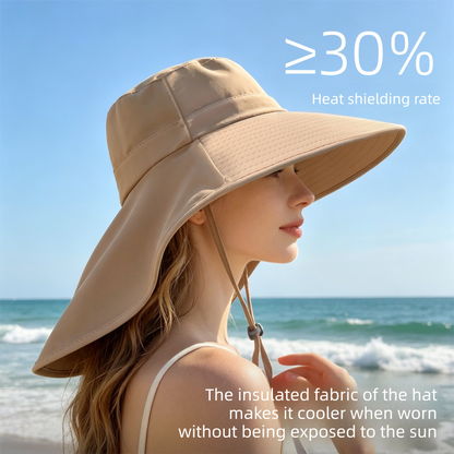 Khaki Women's Wide Brim Sun Hat with Neck Flap - Foldable Outdoor Shade Hat with Adjustable Chin Cord, Extended Neck Cover for Beach, Cycling and Travel