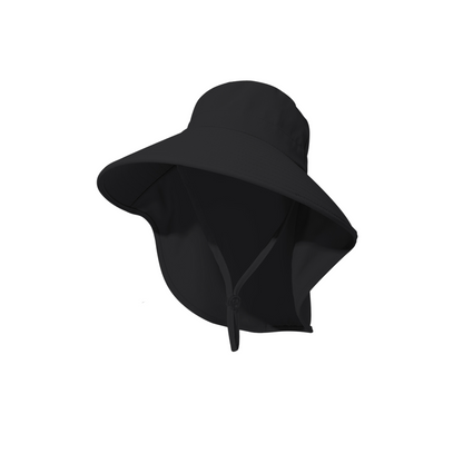Black Women's Wide Brim Sun Hat with Neck Flap - Foldable Outdoor Shade Hat with Adjustable Chin Cord, Extended Neck Cover for Beach, Cycling and Travel