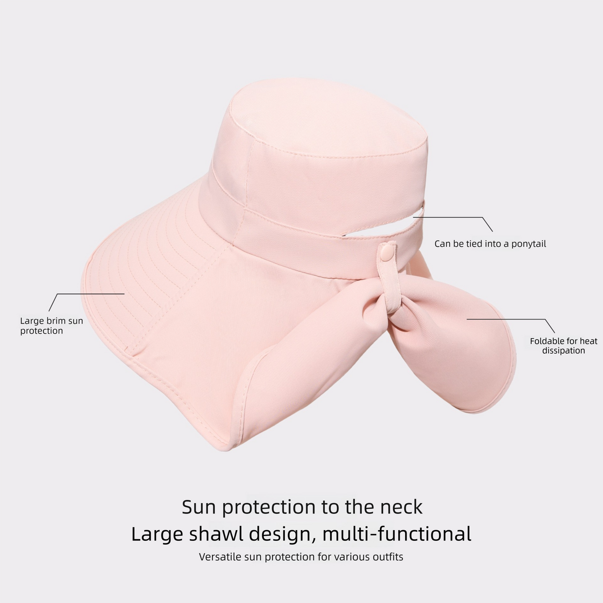 Pink Women's Wide Brim Sun Hat with Neck Flap - Foldable Outdoor Shade Hat with Adjustable Chin Cord, Extended Neck Cover for Beach, Cycling and Travel