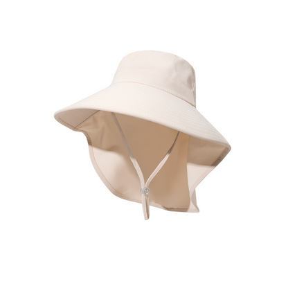 Beige Women's Wide Brim Sun Hat with Neck Flap - Foldable Outdoor Shade Hat with Adjustable Chin Cord, Extended Neck Cover for Beach, Cycling and Travel