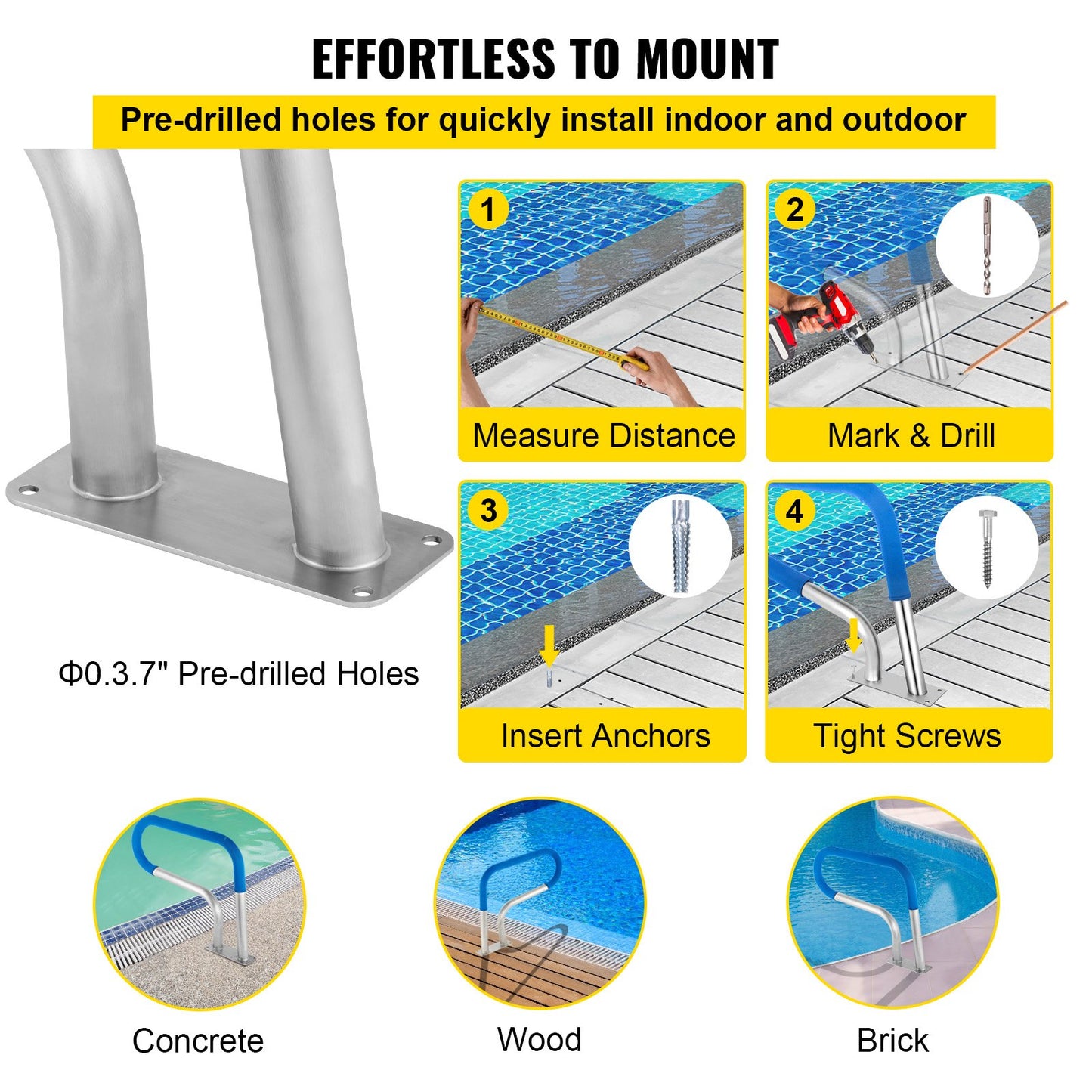Pool Rail 30x22 Pool Railing 304 Stainless Steel 250LBS Load Capacity Silver Rustproof Pool Handrail Humanized Swimming Pool Handrail with Blue Grip Cover & M8 Drill Bit & Self-Taping Screws