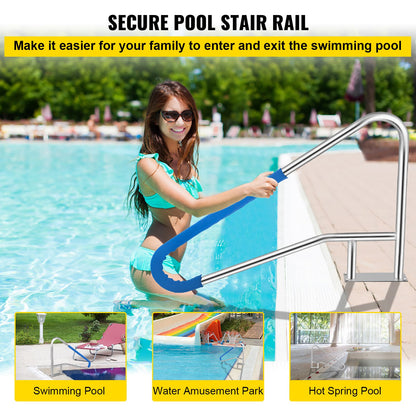 Pool Rail 55x32 Pool Railing 304 Stainless Steel 250LBS Load Capacity Silver Rustproof Pool Handrail Humanized Swimming Pool Handrail with Blue Grip Cover & M8 Drill Bit & Self-Taping Screws