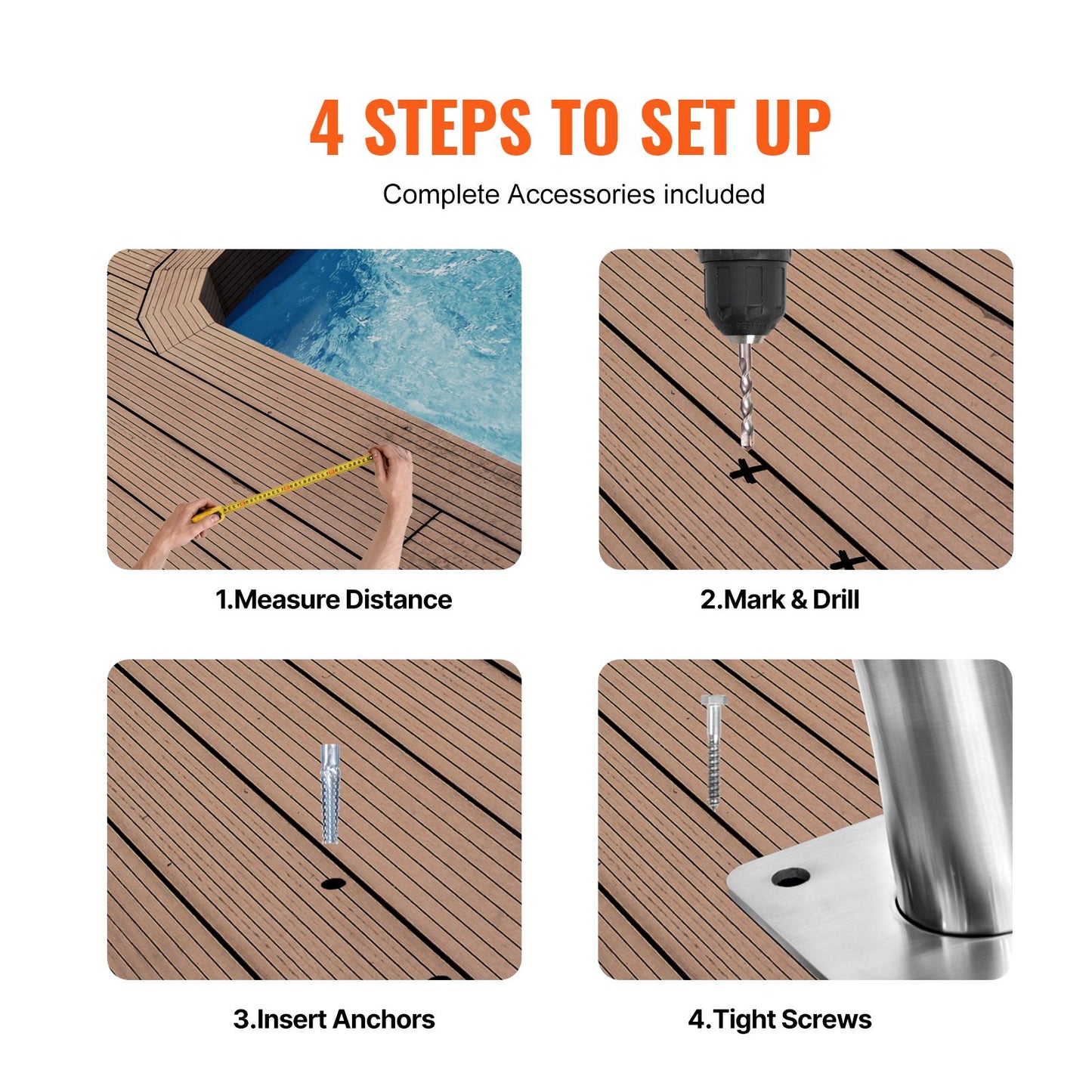 Pool Handrail, 32 x 23 inch Pool Railing, Stainless Steel with Base Plate for Indoor/Outdoor Pools,Swimming Pool Safety Railing for Decks,Rust-Proof Grab Bar w/ Grip Cover&Accessories for Spas