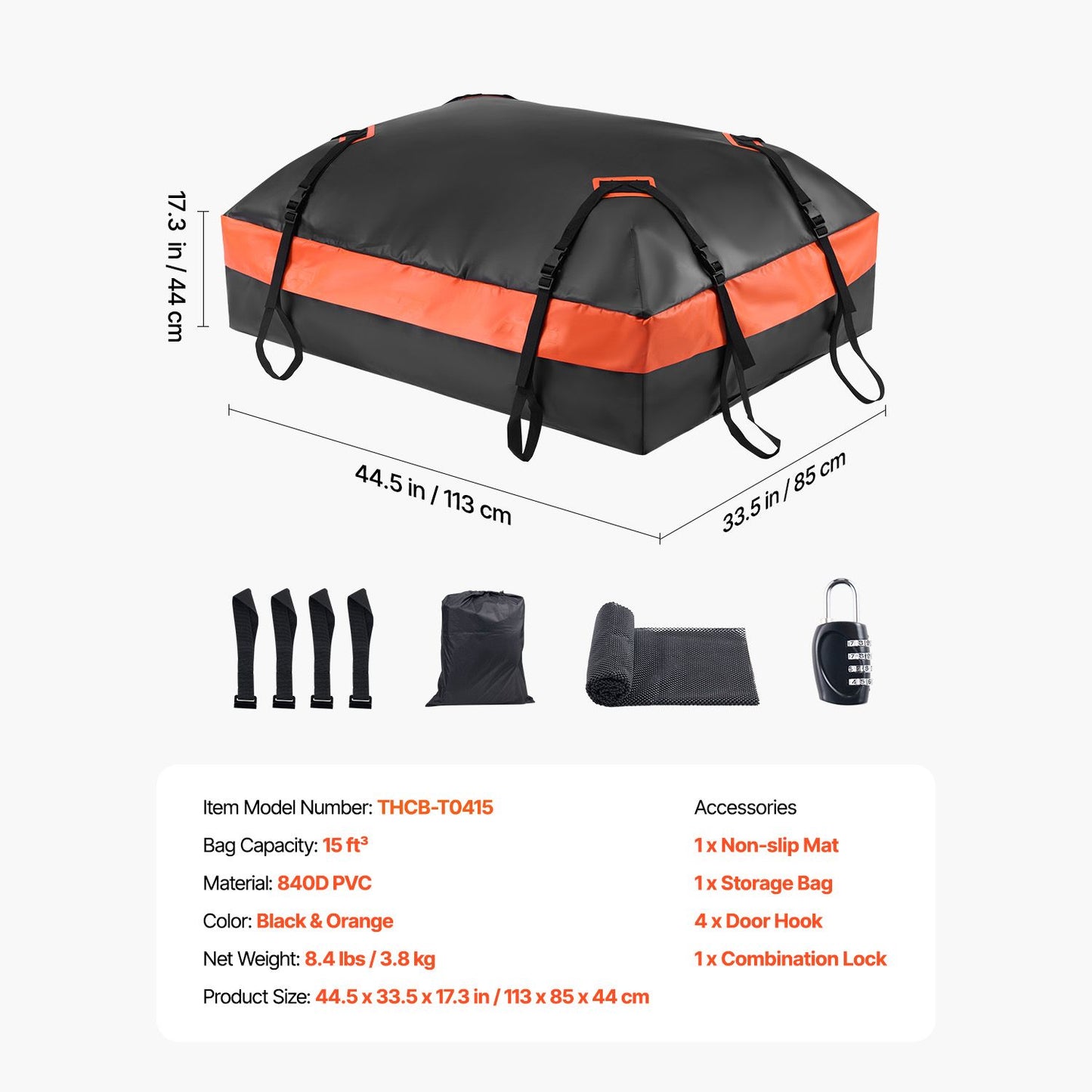 Car Rooftop Cargo Carrier Bag, 15 Cubic Feet Car Roof Cargo Carrier, 100% Waterproof Heavy Duty 840D PVC Roof Luggage Bag for All Vehicle with/without Rack- with Lock, Non-Slip Mat, 4 Door Hooks
