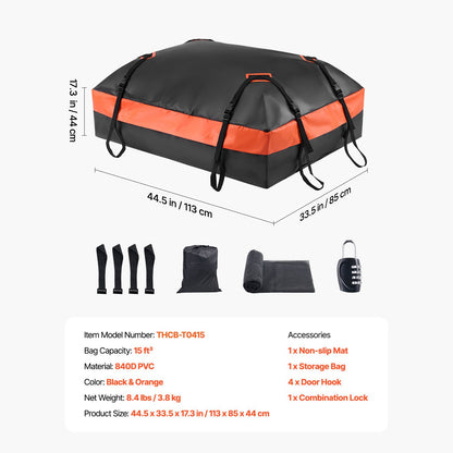 Car Rooftop Cargo Carrier Bag, 15 Cubic Feet Car Roof Cargo Carrier, 100% Waterproof Heavy Duty 840D PVC Roof Luggage Bag for All Vehicle with/without Rack- with Lock, Non-Slip Mat, 4 Door Hooks
