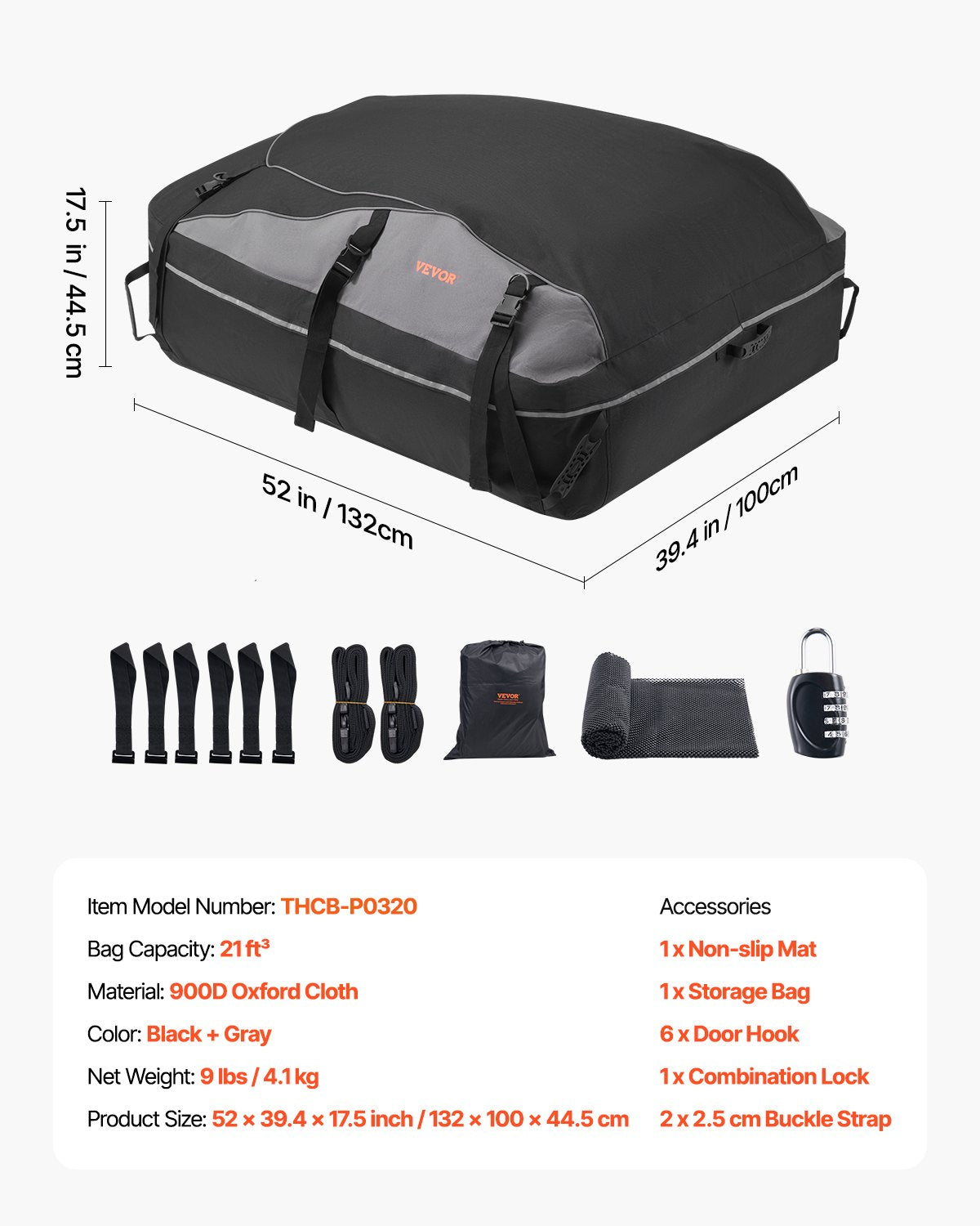 Car Rooftop Cargo Carrier Bag, 21 Cubic Feet Cargo Carrier for Car Roof, 100% Waterproof 900D Oxford Cloth Roof Luggage Bag for All Vehicle with/without Rack- with Lock, Non-Slip Mat, Door Hooks