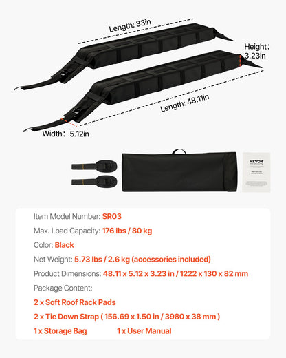 VEVOR Soft Roof Rack Pads 33in 176lbs Load Capacity for Kayak Canoe Surfboard Luggage