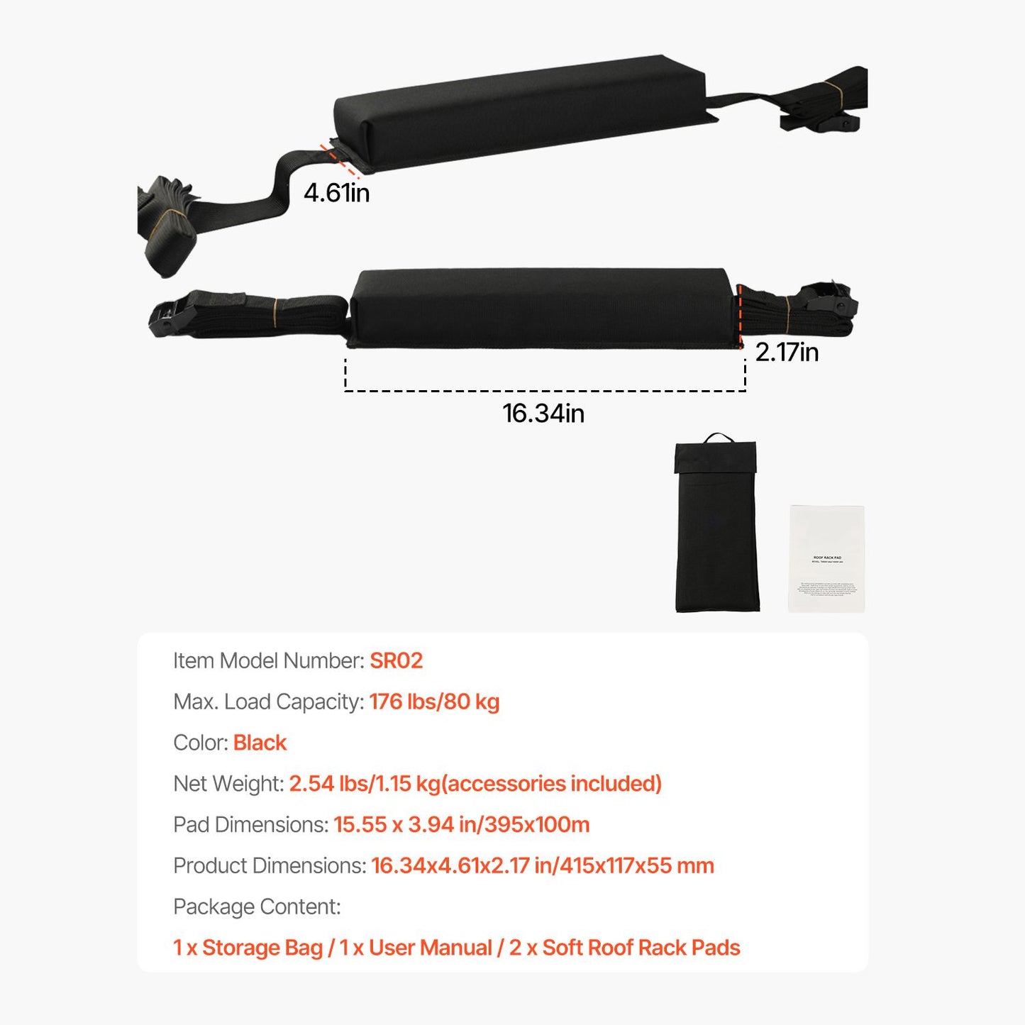 Soft Roof Rack Pads 15.5in 176lbs Load Capacity for Kayak Canoe Surfboard