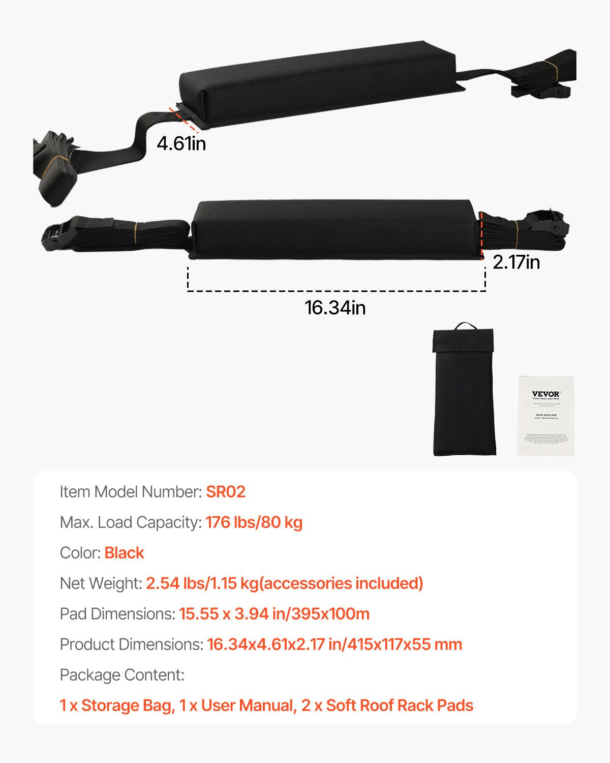 VEVOR Soft Roof Rack Pads 15.5in 176lbs Load Capacity for Kayak Canoe Surfboard