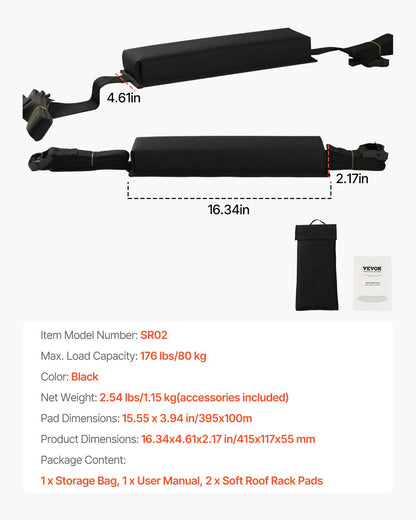 VEVOR Soft Roof Rack Pads 15.5in 176lbs Load Capacity for Kayak Canoe Surfboard