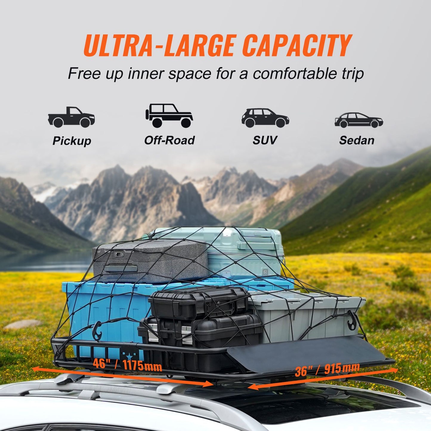 Roof Rack Cargo Basket 200 LBS Capacity 46"x36"x4.5" for SUV Truck Cars