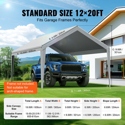 Carport Replacement Canopy Cover 12 x 20 ft, Garage Top Tent Shelter Tarp Heavy-Duty Waterproof & UV Protected, Easy Installation with Ball Bungees,Grey (Only Top Cover, Frame Not Include)