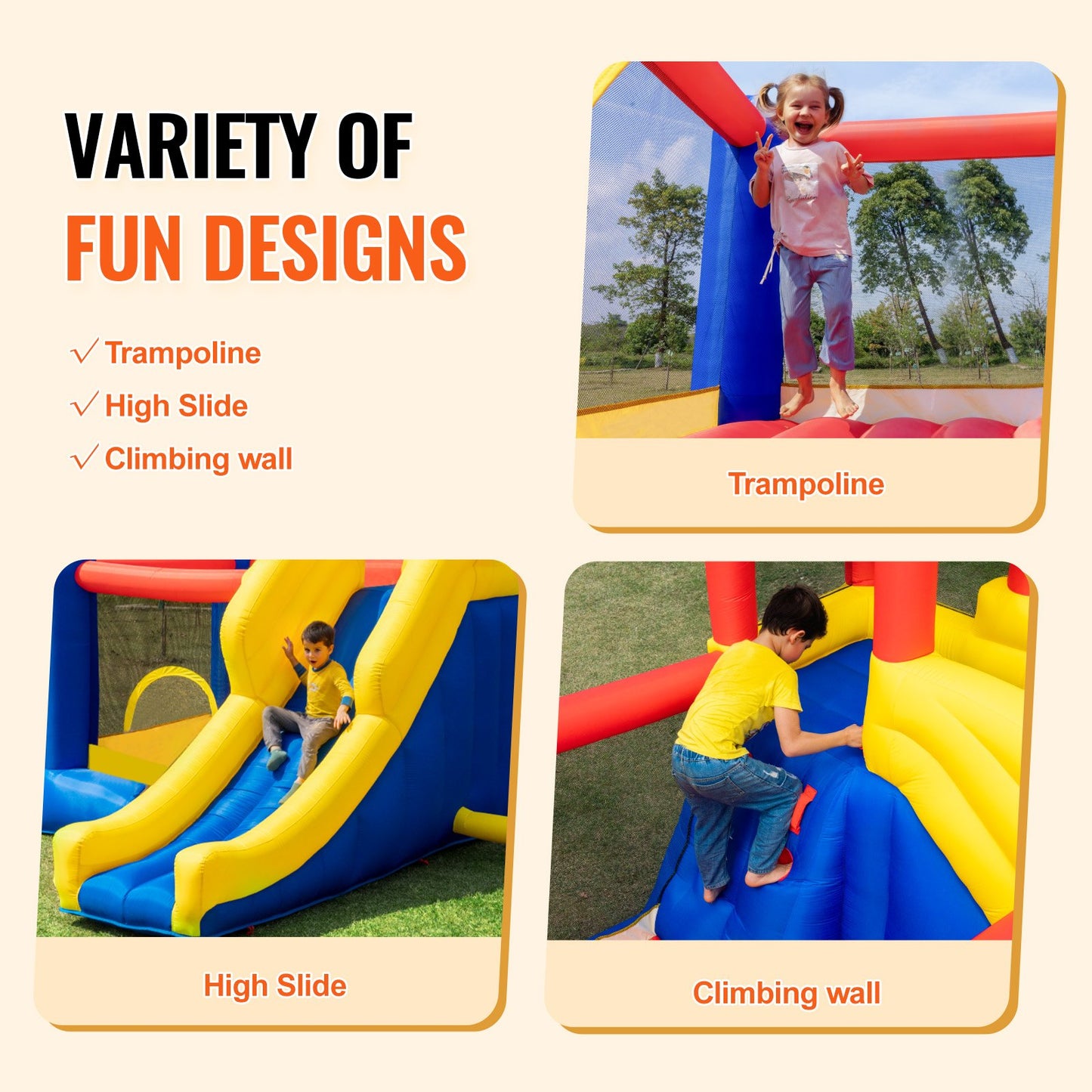 VEVOR Inflatable Bounce House, Outdoor High Quality Playhouse Trampoline, Jumping Bouncer with Blower, Slide, and Storage Bag, Family Backyard Bouncy Castle, for Kid Ages 3_8 Years, 3.4x2.6x2.3m