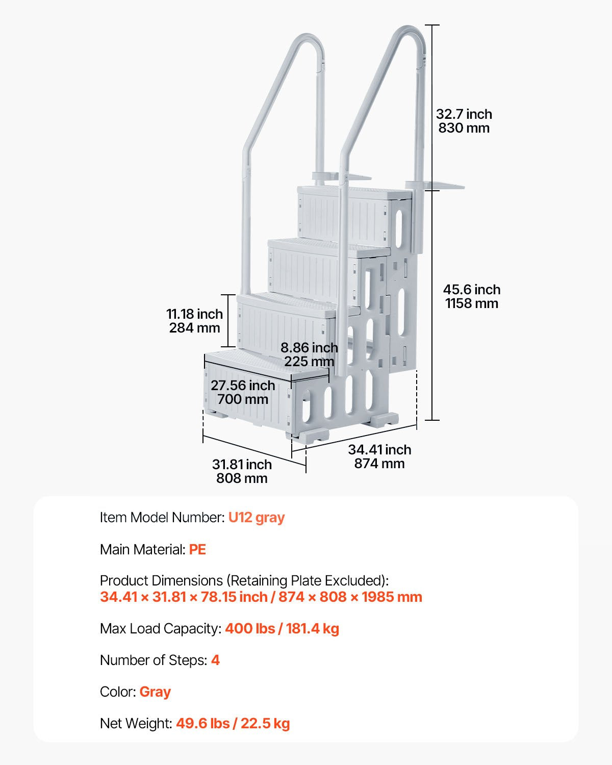 4-Step Grey Robust Pool Ladder of 2 Handrails for 1219.2-1371.6 mm Pools