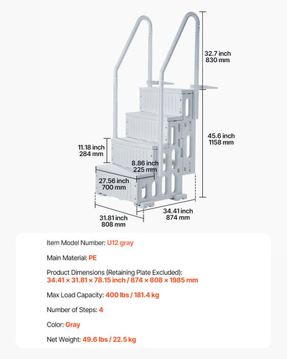 4-Step Grey Robust Pool Ladder of 2 Handrails for 1219.2-1371.6 mm Pools