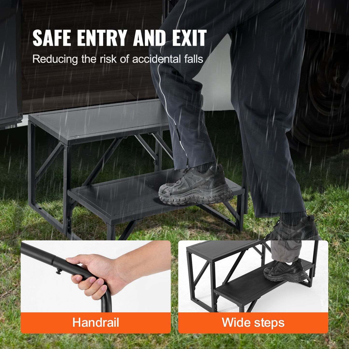VEVOR RV Steps, 2-Step RV Stairs, 199.58KGS Load Capacity, Thickened Carbon Steel, With Handrail, Non-Slip Steps for Safe Entry and Exit, Suit for RV, Trailer, Camper Steps