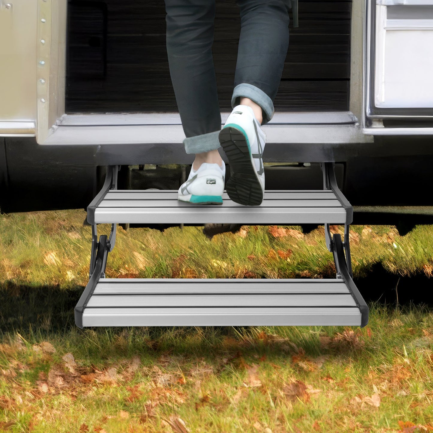 VEVOR RV Steps, 2-Step, Manual Retractable RV Stairs, Foldable, 440 LBS Load Capacity, Aluminum Alloy Steps, Thickened Steel Plate, Non-Slip Steps for Safe Entry and Exit, RV, Trailer, Camper Steps