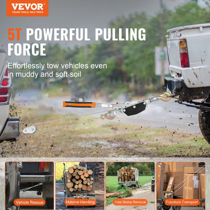 VEVOR Come Along Winch, 5 Ton Max Pulling Capacity, 3.5 m Steel Cable, 3 Hooks, Heavy Duty Ratchet Power Puller Tool with Dual Gears, Automotive Hoist Cable Puller Ideal for Vehicle Rescue
