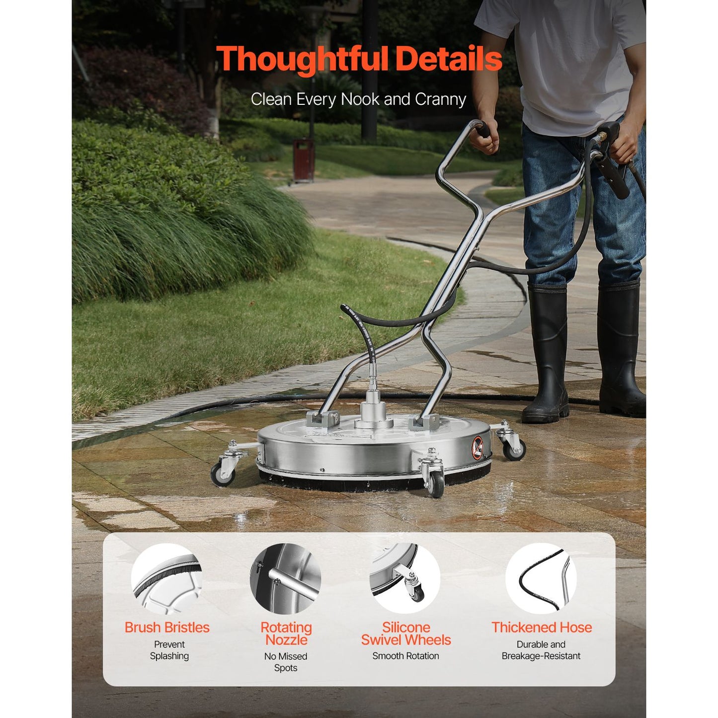24" Pressure Washer Surface Cleaner, Stainless Steel Pressure Washer Attachments with 4 Wheels, 4000 Max PSI, 3/8 Quick Connector, 2 Spray Nozzles, Dual Handle, for Concrete, Patio, Sidewalk