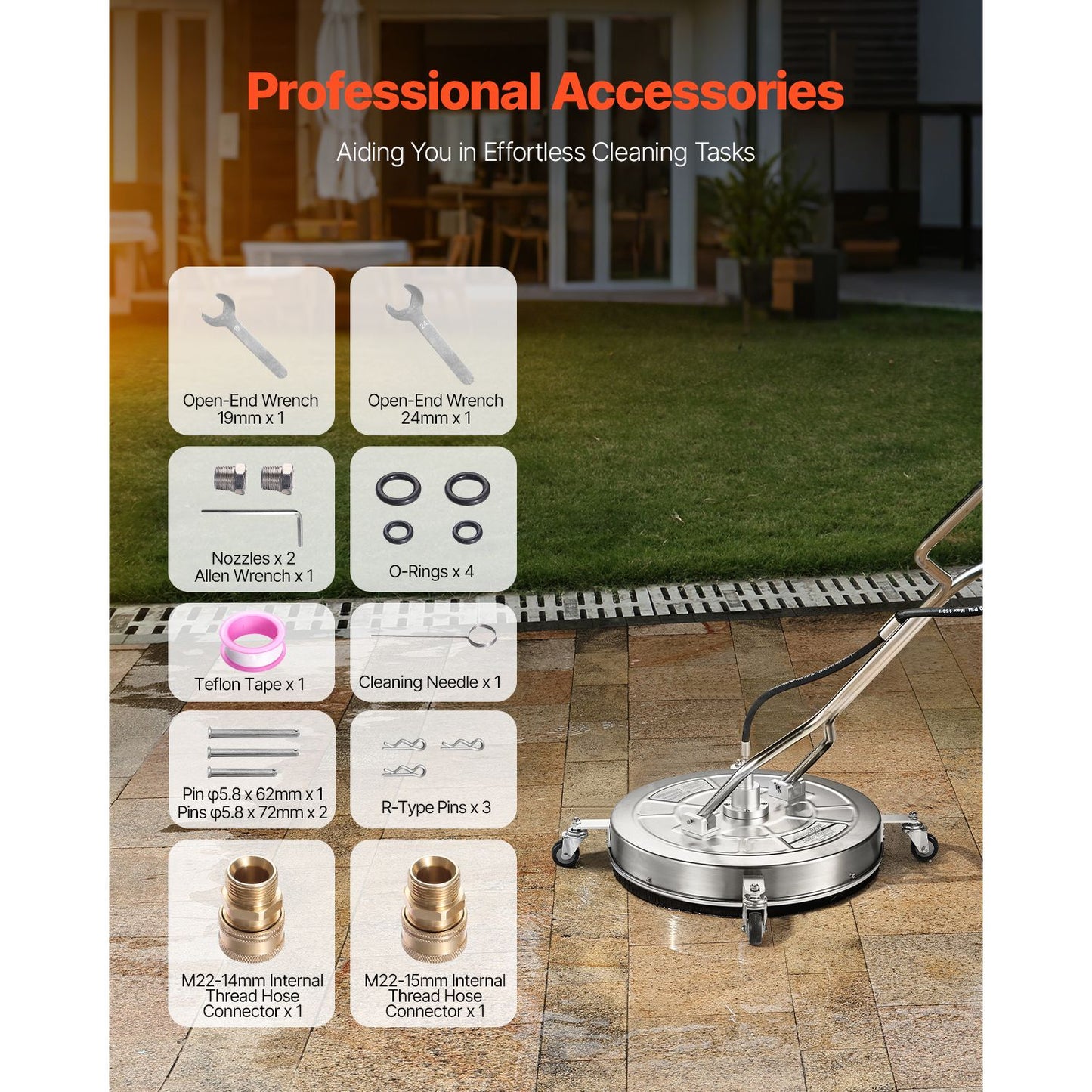 24" Pressure Washer Surface Cleaner, Stainless Steel Pressure Washer Attachments with 4 Wheels, 4000 Max PSI, 3/8 Quick Connector, 2 Spray Nozzles, Dual Handle, for Concrete, Patio, Sidewalk