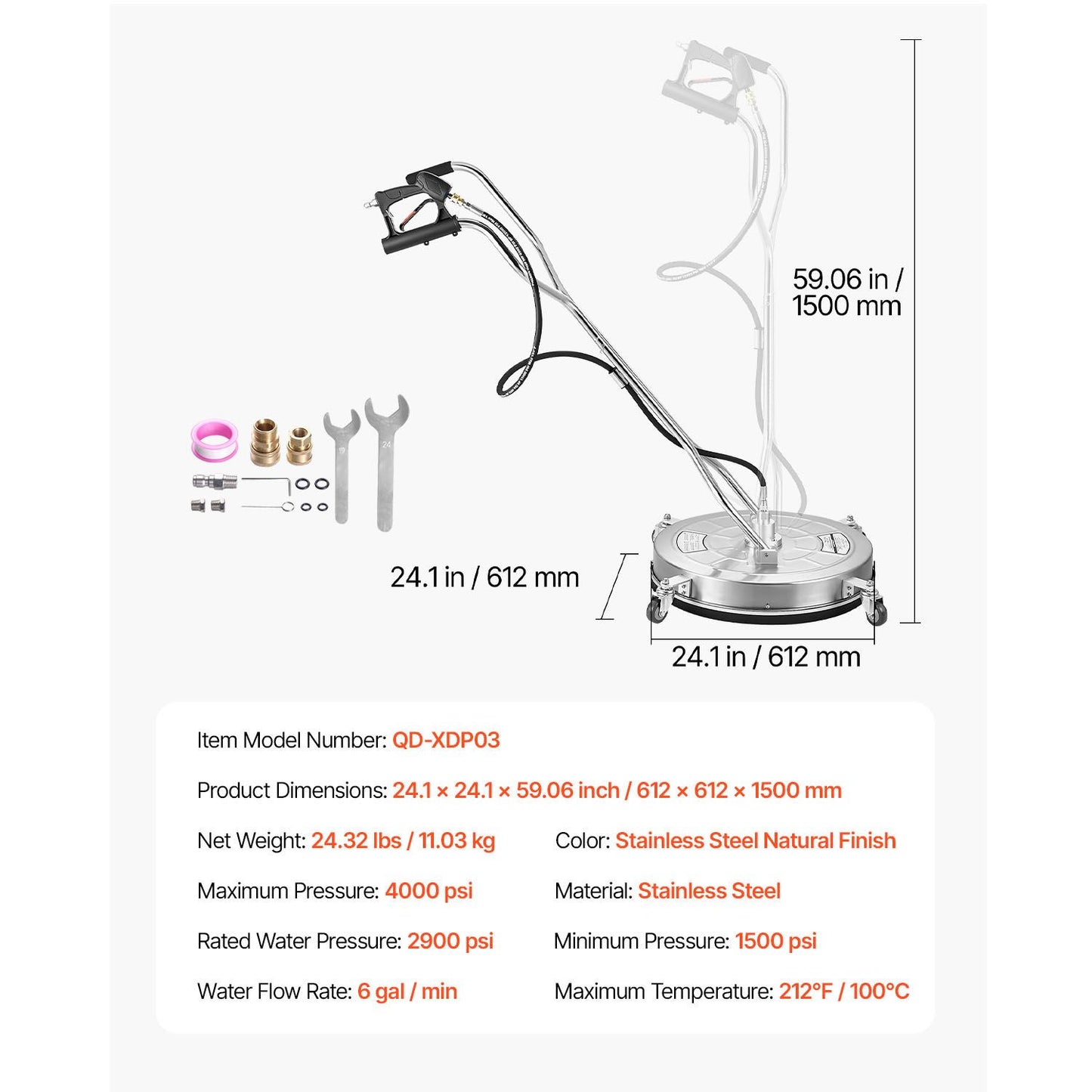 24" Pressure Washer Surface Cleaner, Stainless Steel Pressure Washer Attachments with 4 Wheels, 4000 Max PSI, 3/8 Quick Connector, 2 Spray Nozzles, Dual Handle, for Concrete, Patio, Sidewalk