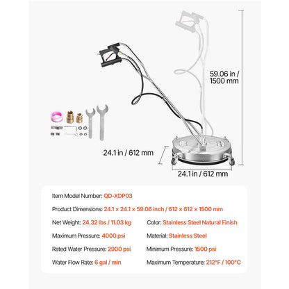 24" Pressure Washer Surface Cleaner, Stainless Steel Pressure Washer Attachments with 4 Wheels, 4000 Max PSI, 3/8 Quick Connector, 2 Spray Nozzles, Dual Handle, for Concrete, Patio, Sidewalk
