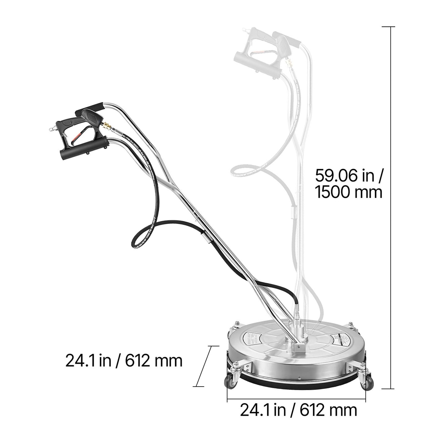 24" Pressure Washer Surface Cleaner, Stainless Steel Pressure Washer Attachments with 4 Wheels, 4000 Max PSI, 3/8 Quick Connector, 2 Spray Nozzles, Dual Handle, for Concrete, Patio, Sidewalk