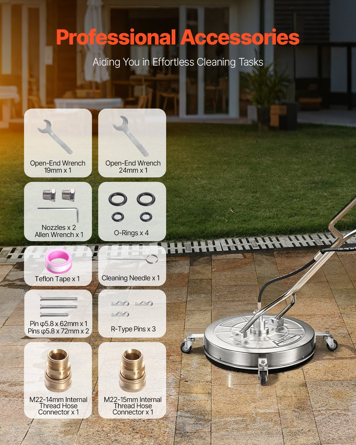 VEVOR 24" Pressure Washer Surface Cleaner, Stainless Steel Pressure Washer Attachments with 4 Wheels, 4000 Max PSI, 3/8 Quick Connector, 2 Spray Nozzles, Dual Handle, for Concrete, Patio, Sidewalk