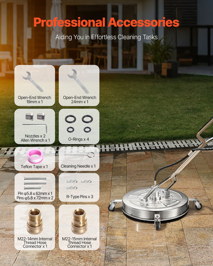 VEVOR 24" Pressure Washer Surface Cleaner, Stainless Steel Pressure Washer Attachments with 4 Wheels, 4000 Max PSI, 3/8 Quick Connector, 2 Spray Nozzles, Dual Handle, for Concrete, Patio, Sidewalk