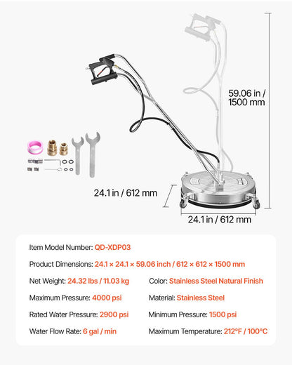 VEVOR 24" Pressure Washer Surface Cleaner, Stainless Steel Pressure Washer Attachments with 4 Wheels, 4000 Max PSI, 3/8 Quick Connector, 2 Spray Nozzles, Dual Handle, for Concrete, Patio, Sidewalk