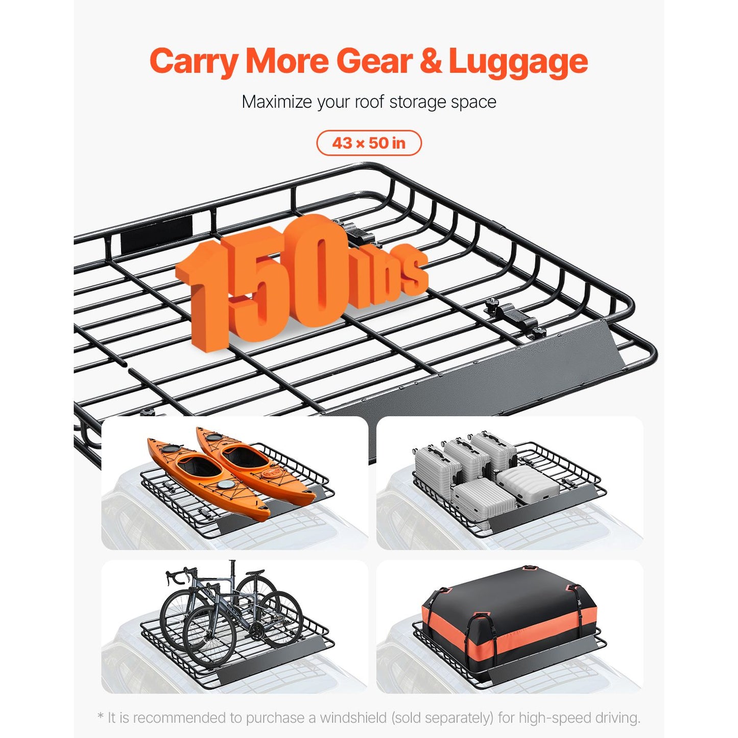 Roof Rack Cargo Carrier, 1095 x 1270 x 105 mm, Universal Rooftop Cargo Basket, Car Top Luggage Holder with 68 kg Max Load Capacity, 4.1 in Fence, Anti-Rust Alloy Steel, Wind Fairing, for SUV Car