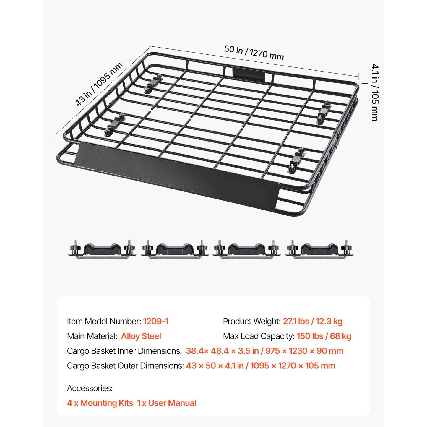 Roof Rack Cargo Carrier, 1095 x 1270 x 105 mm, Universal Rooftop Cargo Basket, Car Top Luggage Holder with 68 kg Max Load Capacity, 4.1 in Fence, Anti-Rust Alloy Steel, Wind Fairing, for SUV Car