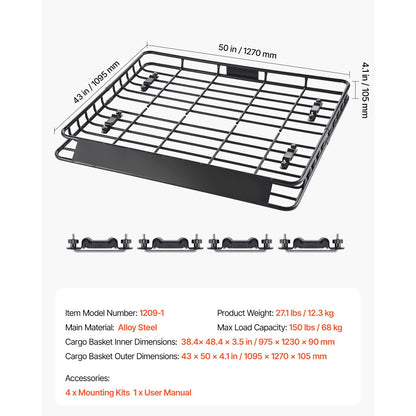 Roof Rack Cargo Carrier, 1095 x 1270 x 105 mm, Universal Rooftop Cargo Basket, Car Top Luggage Holder with 68 kg Max Load Capacity, 4.1 in Fence, Anti-Rust Alloy Steel, Wind Fairing, for SUV Car