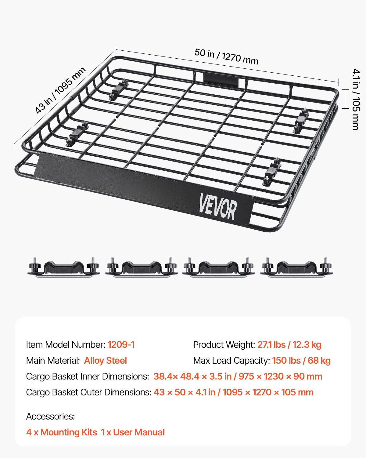 VEVOR Roof Rack Cargo Carrier, 1095 x 1270 x 105 mm, Universal Rooftop Cargo Basket, Car Top Luggage Holder with 68 kg Max Load Capacity, 4.1 in Fence, Anti-Rust Alloy Steel, Wind Fairing, for SUV Car