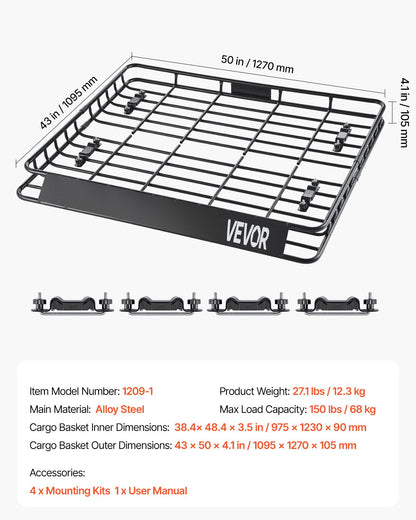 VEVOR Roof Rack Cargo Carrier, 1095 x 1270 x 105 mm, Universal Rooftop Cargo Basket, Car Top Luggage Holder with 68 kg Max Load Capacity, 4.1 in Fence, Anti-Rust Alloy Steel, Wind Fairing, for SUV Car