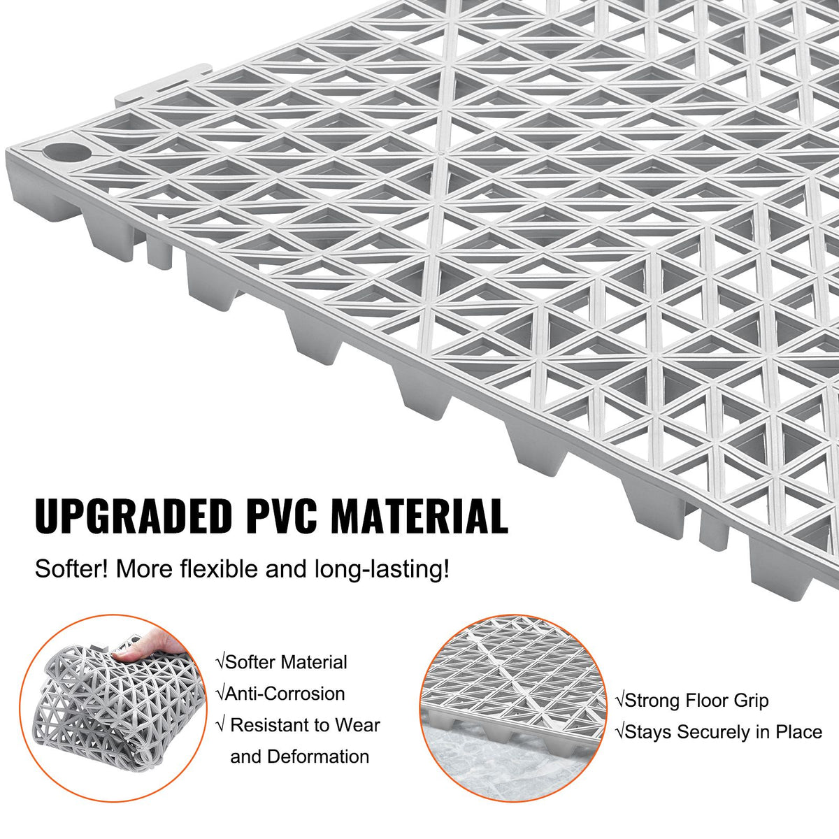 Modular Interlocking Cushion, 12 Pack 30 x 30 cm Splicing Drainage Mats, Soft PVC Interlocking Drainage Floor Tiles, Non-Slip Drainage Holes for Restroom, Bathroom, Kitchen, Pool, Wet Area, Gray