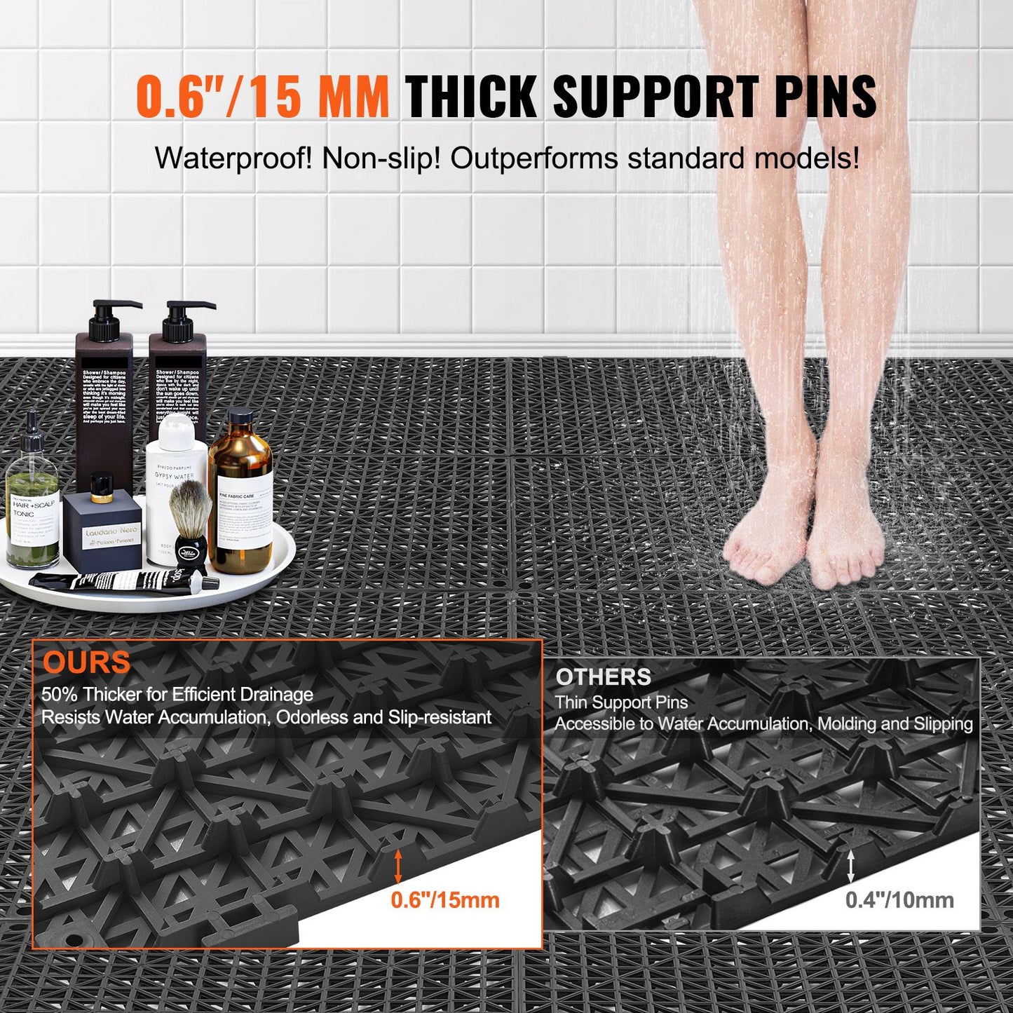 Modular Interlocking Cushion, 55 Pack 30 x 30 cm Splicing Drainage Mats, PVC Interlocking Drainage Floor Tiles, Non-Slip Drainage Holes for Restroom, Bathroom, Kitchen, Pool, Wet Area, Black
