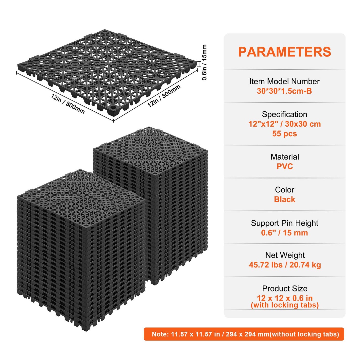 Modular Interlocking Cushion, 55 Pack 30 x 30 cm Splicing Drainage Mats, PVC Interlocking Drainage Floor Tiles, Non-Slip Drainage Holes for Restroom, Bathroom, Kitchen, Pool, Wet Area, Black