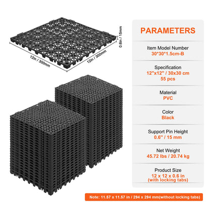 Modular Interlocking Cushion, 55 Pack 30 x 30 cm Splicing Drainage Mats, PVC Interlocking Drainage Floor Tiles, Non-Slip Drainage Holes for Restroom, Bathroom, Kitchen, Pool, Wet Area, Black