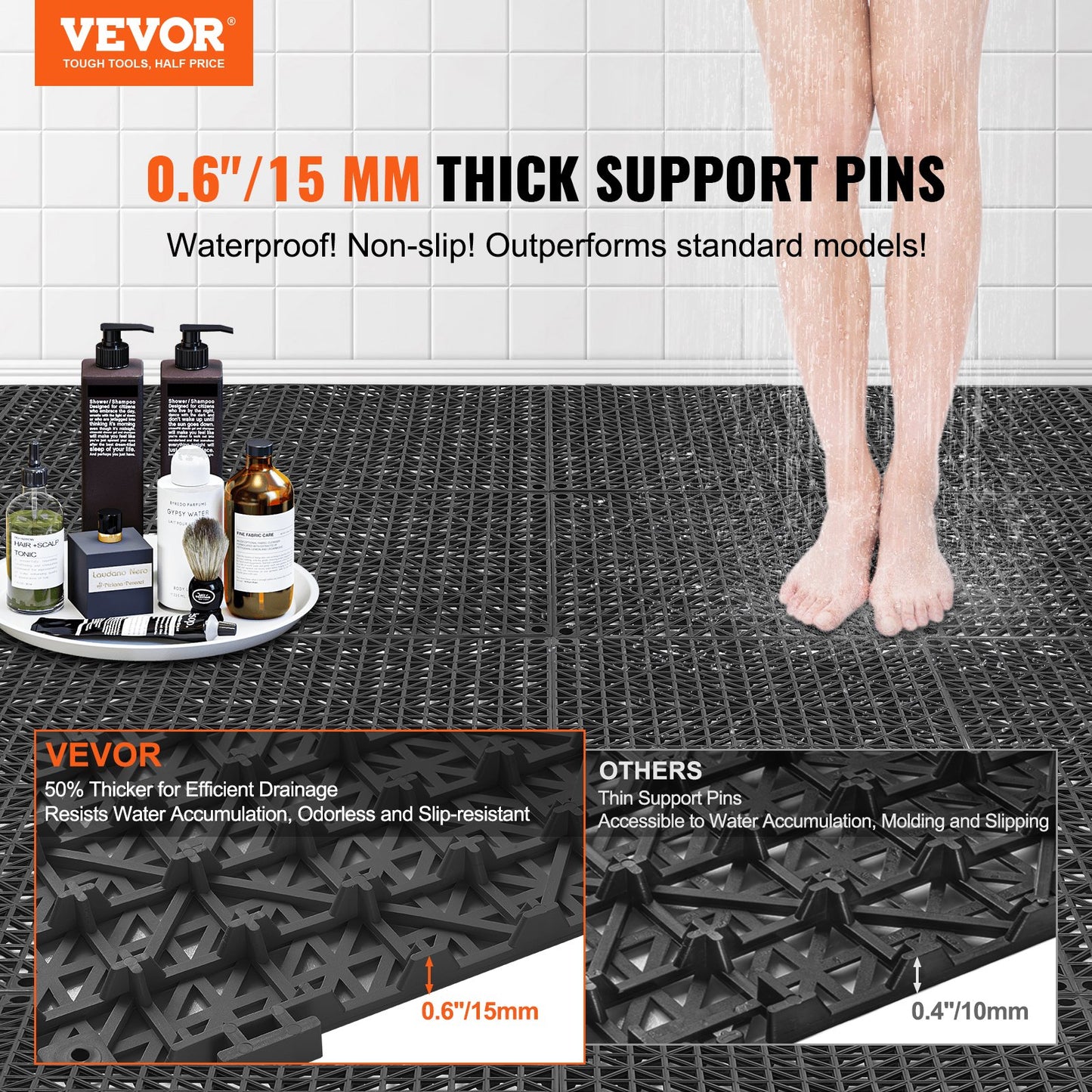 Modular Interlocking Cushion, 55 Pack 30 x 30 cm Splicing Drainage Mats, PVC Interlocking Drainage Floor Tiles, Non-Slip Drainage Holes for Restroom, Bathroom, Kitchen, Pool, Wet Area, Black