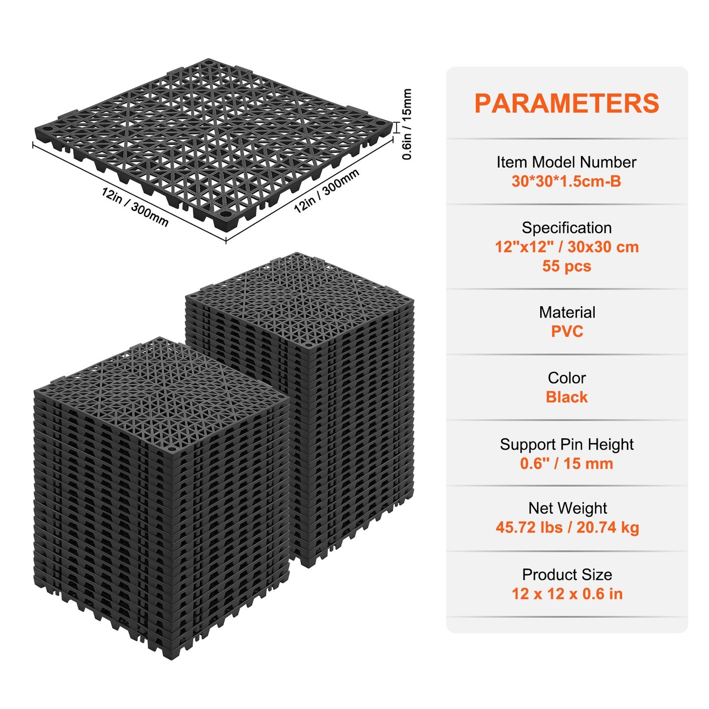 Modular Interlocking Cushion, 55 Pack 30 x 30 cm Splicing Drainage Mats, PVC Interlocking Drainage Floor Tiles, Non-Slip Drainage Holes for Restroom, Bathroom, Kitchen, Pool, Wet Area, Black