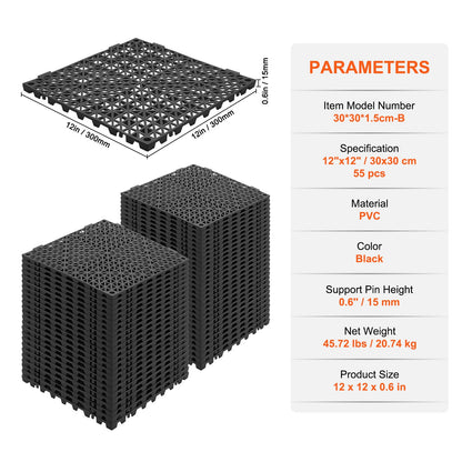 Modular Interlocking Cushion, 55 Pack 30 x 30 cm Splicing Drainage Mats, PVC Interlocking Drainage Floor Tiles, Non-Slip Drainage Holes for Restroom, Bathroom, Kitchen, Pool, Wet Area, Black