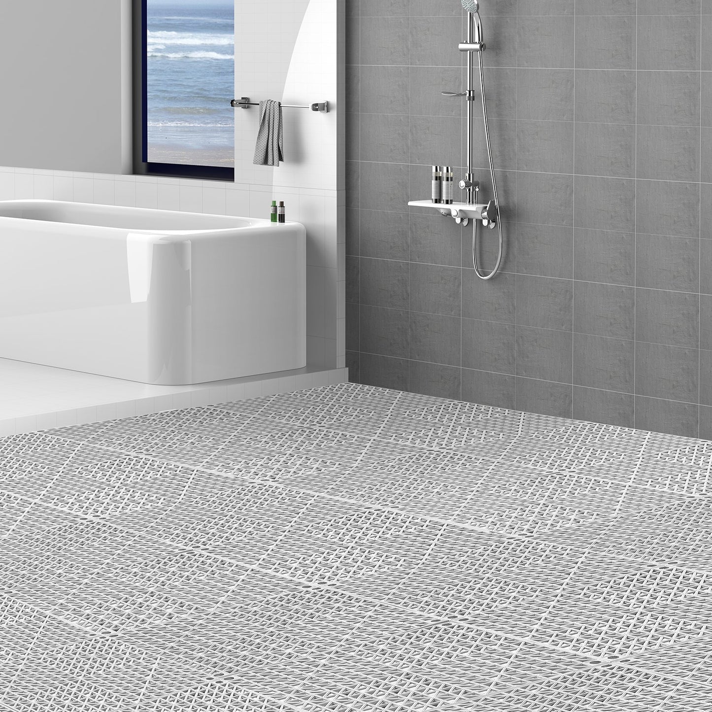 Modular Interlocking Cushion, 55 Pack 30 x 30 cm Splicing Drainage Mats, Soft PVC Interlocking Drainage Floor Tiles, Non-Slip Drainage Holes for Restroom, Bathroom, Kitchen, Pool, Wet Area, Gray