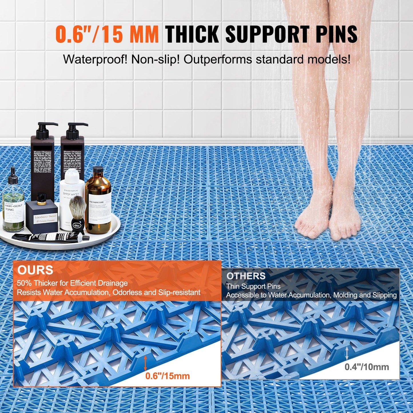 Modular Interlocking Cushion, 55 Pack 30 x 30 cm Splicing Drainage Mats, Soft PVC Interlocking Drainage Floor Tiles, Non-Slip Drainage Holes for Restroom, Bathroom, Kitchen, Pool, Wet Area, Blue