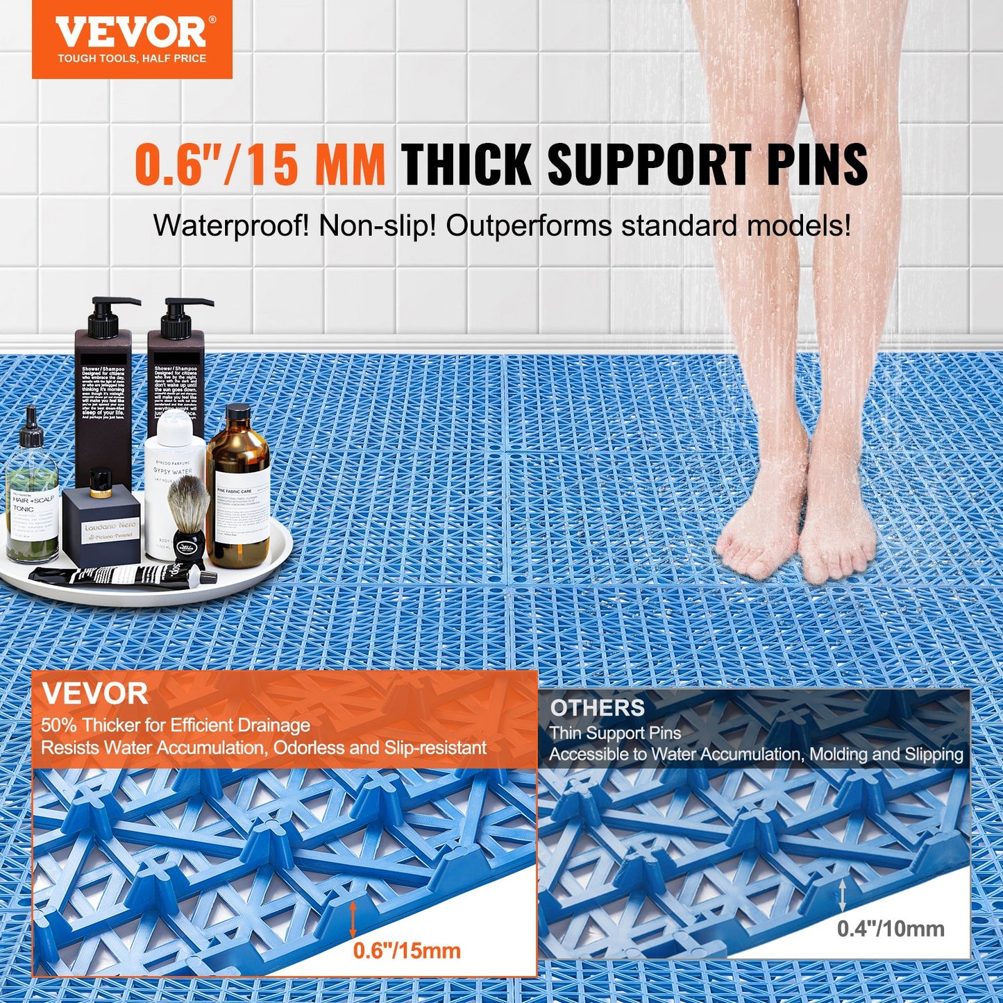 Modular Interlocking Cushion, 55 Pack 30 x 30 cm Splicing Drainage Mats, Soft PVC Interlocking Drainage Floor Tiles, Non-Slip Drainage Holes for Restroom, Bathroom, Kitchen, Pool, Wet Area, Blue