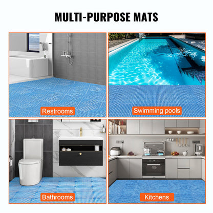 Modular Interlocking Cushion, 55 Pack 30 x 30 cm Splicing Drainage Mats, Soft PVC Interlocking Drainage Floor Tiles, Non-Slip Drainage Holes for Restroom, Bathroom, Kitchen, Pool, Wet Area, Blue