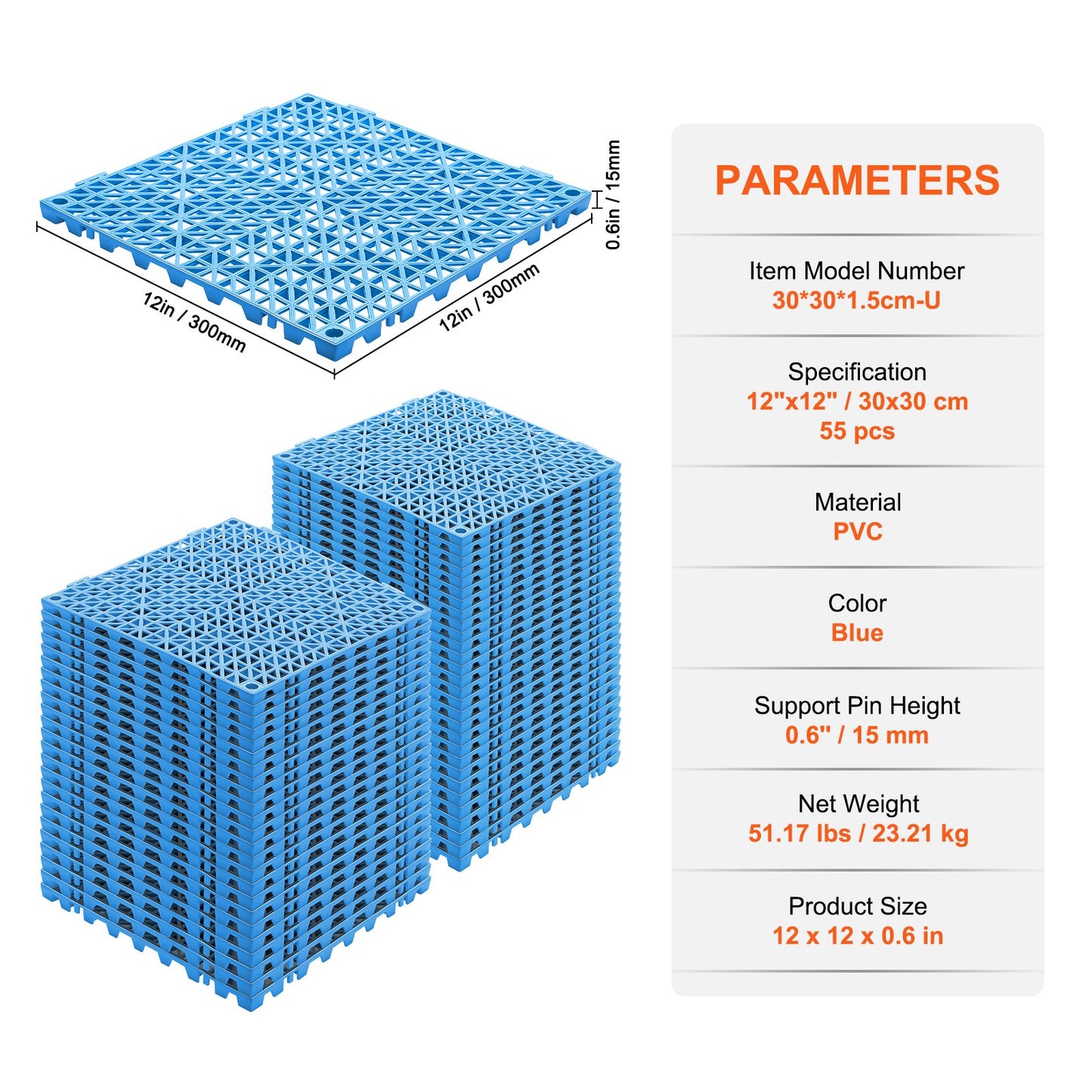 Modular Interlocking Cushion, 55 Pack 30 x 30 cm Splicing Drainage Mats, Soft PVC Interlocking Drainage Floor Tiles, Non-Slip Drainage Holes for Restroom, Bathroom, Kitchen, Pool, Wet Area, Blue